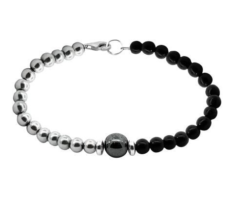 ZILIA Men Hematite Black & White Strieborná 925 Mineral Náramok