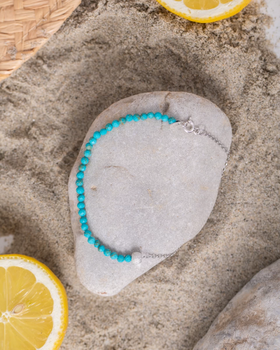 Strieborný 925 náramok na členok s tyrkysovým minerálom
