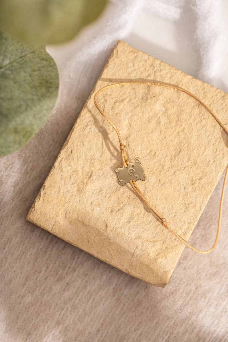 Náramok pre bábätko, ružovozlatý medvedík, 14K zlato, na šnúrke