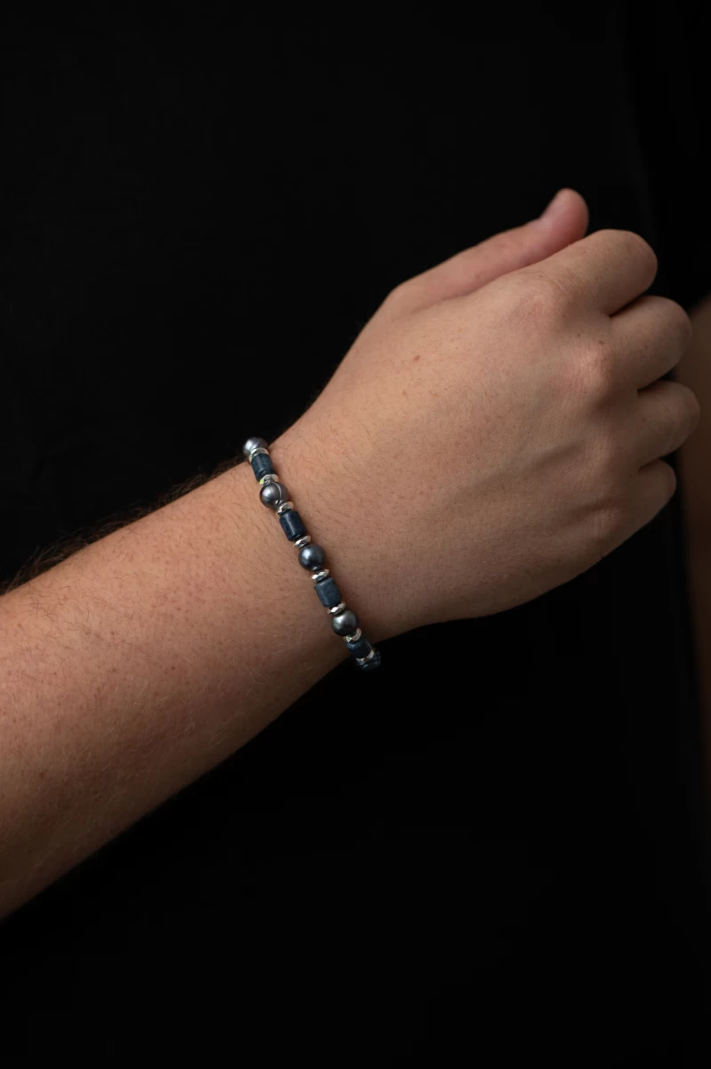 Náramok z dumortieritu a hematitu s tahitskou perlou striebro 925 luxusný šperk